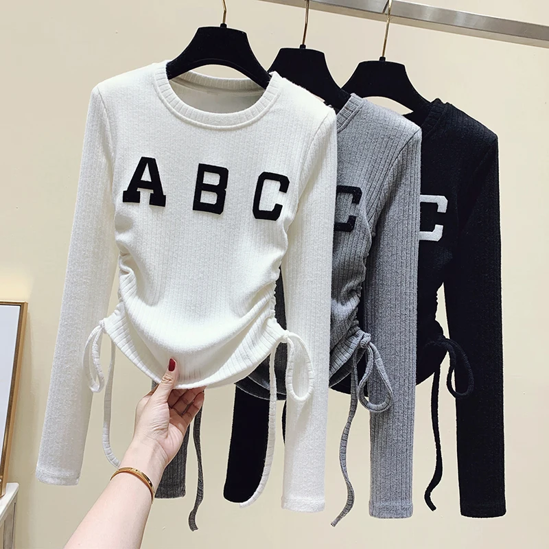 

2022 Short Crop Tops Cotton Tshirt Fashion T Shirt Women Letter T-Shirt Long Sleeve Korean Style Elasticity Womens Clothing