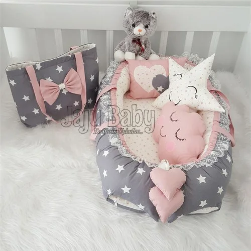 Jaju Baby Special Handmade Gray Star Luxury Orthopedic Babynest and Grooming Bag 5 Piece Bedding Set Mother Side Portable Bed