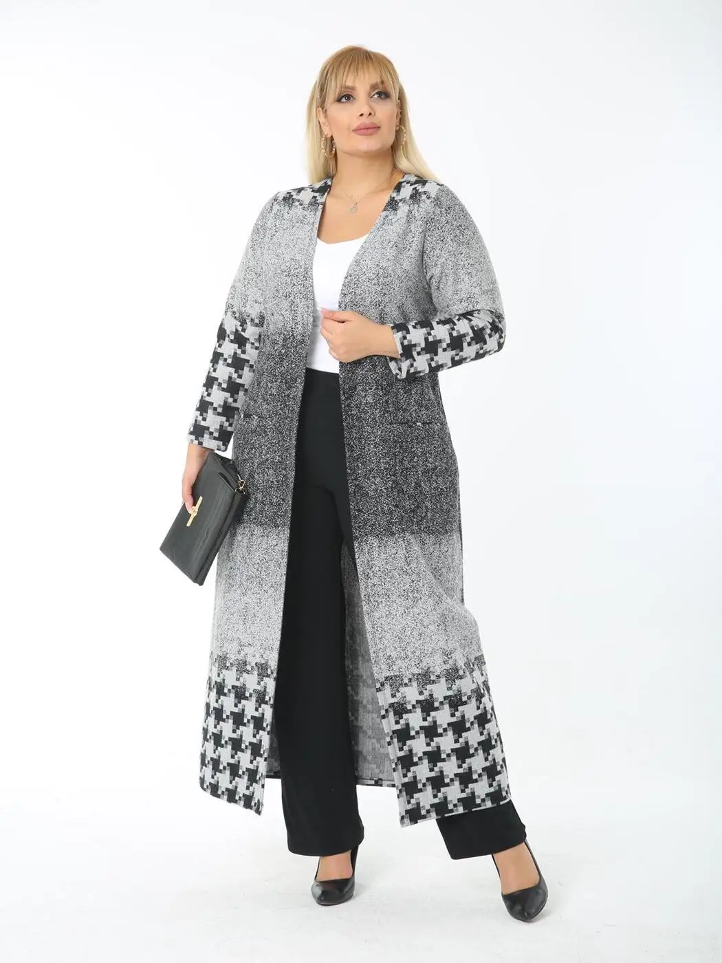 Plus Size Women's Outwear Long Cardigan 2022 Autumn Spring Multicolor Plaid Cotton V-Neck Open Stitch 2XL 3XL 4XL Made in Turkey