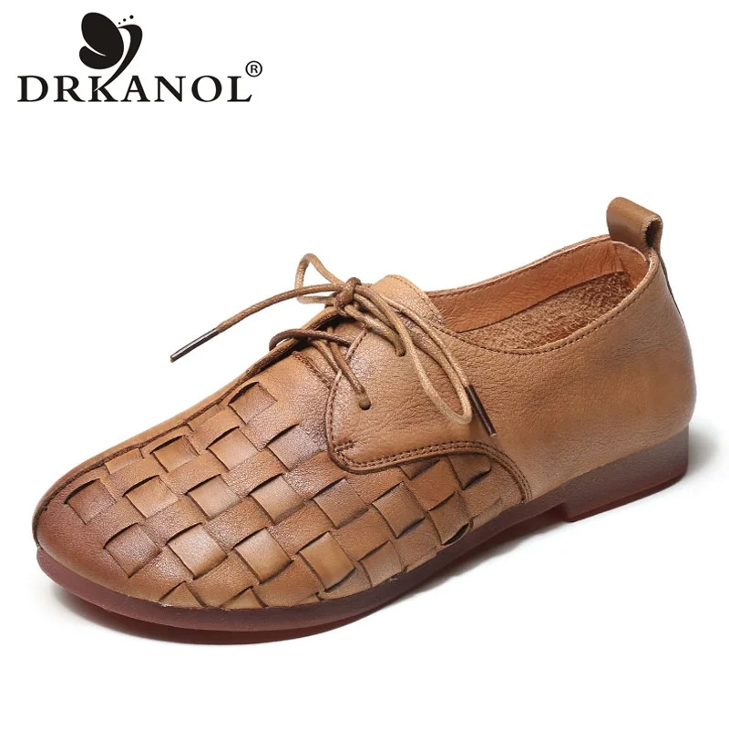 

DRKANOL 2021 Handmade Weave Vintage Genuine Leather Casual Flat Shoes Women Spring Summer Breathable Soft Bottom Single Shoes