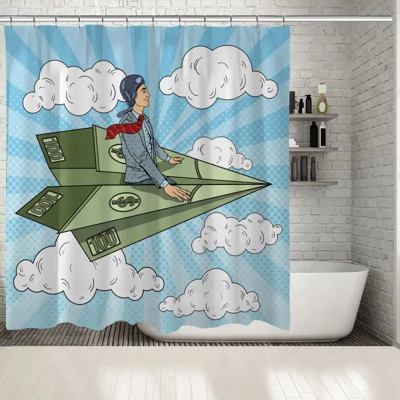 Занавеска для душа поп арт бизнесмен в костюме и галстуке на Летающий доллар
