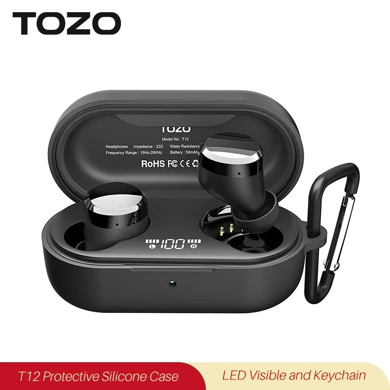 

TOZO T12 Protective Silicone Case Shockproof Soft Skin Cover for Earbuds with Front LED Visible and Keychain