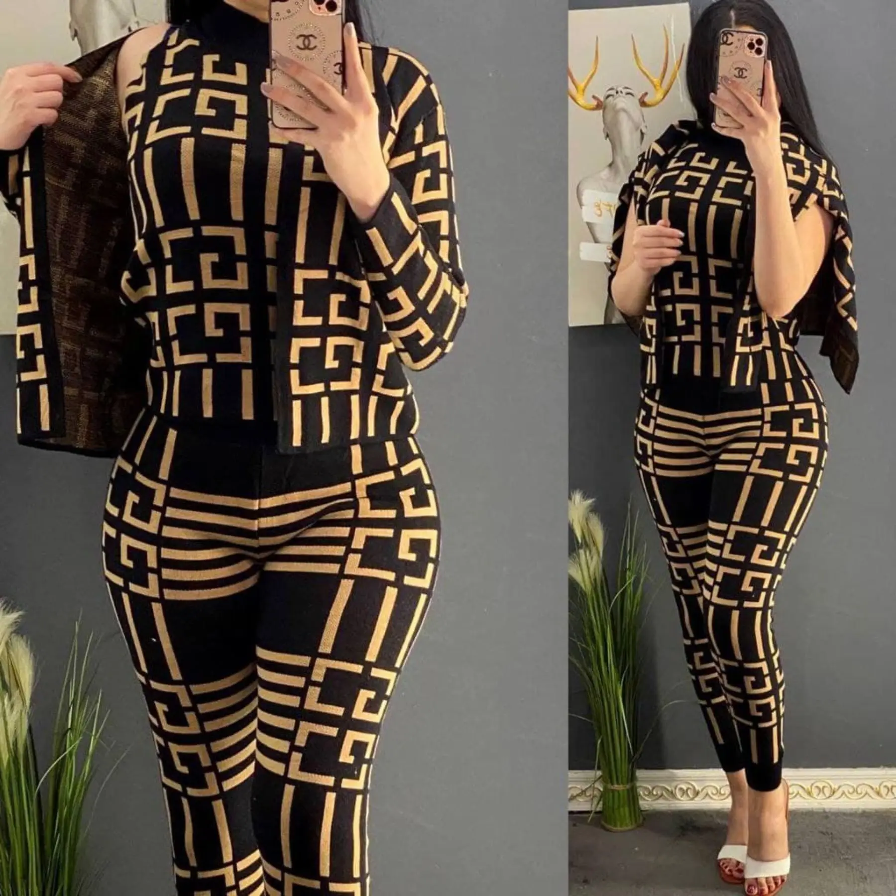 Женский трикотажный костюм из трех предметов кардиган в полоску свитер без