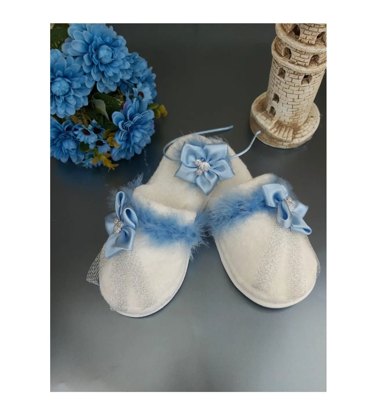 Postpartum Set Hairy Handmade Satin Floral Postpartum Slippers and Crown