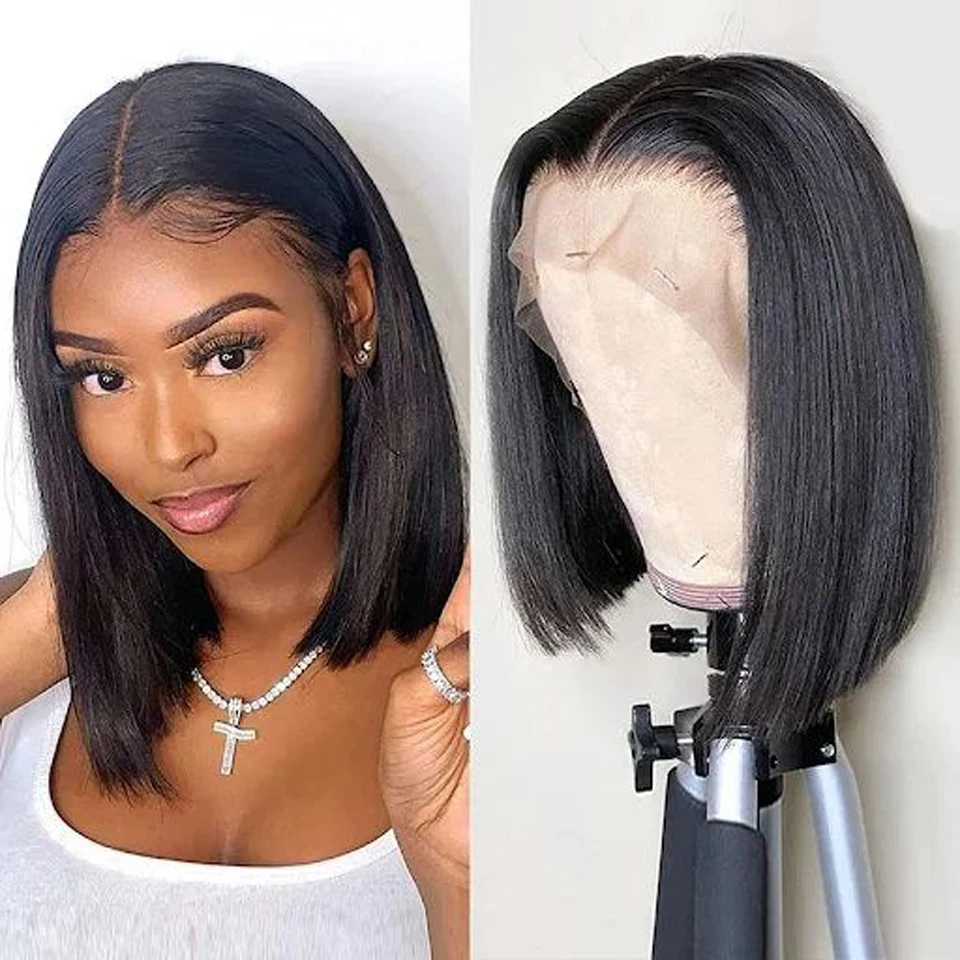 

Bone Straight Human Hair Wigs 13X4 HD Lace Front Short Bob Wig Pre-Plucked 4X4 Lace Closure Brazilian Hair Lace Wigs 180% 14inch