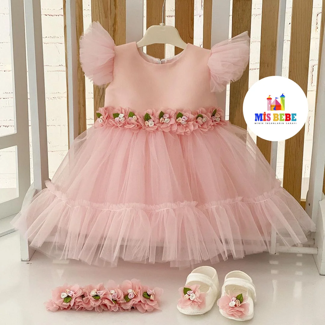 3-Pcs Dress hair Clip Shoes Clothing Sets Lace Gemmiferous Autumn Spring Summer Kids Costum toddler ball gownes Children