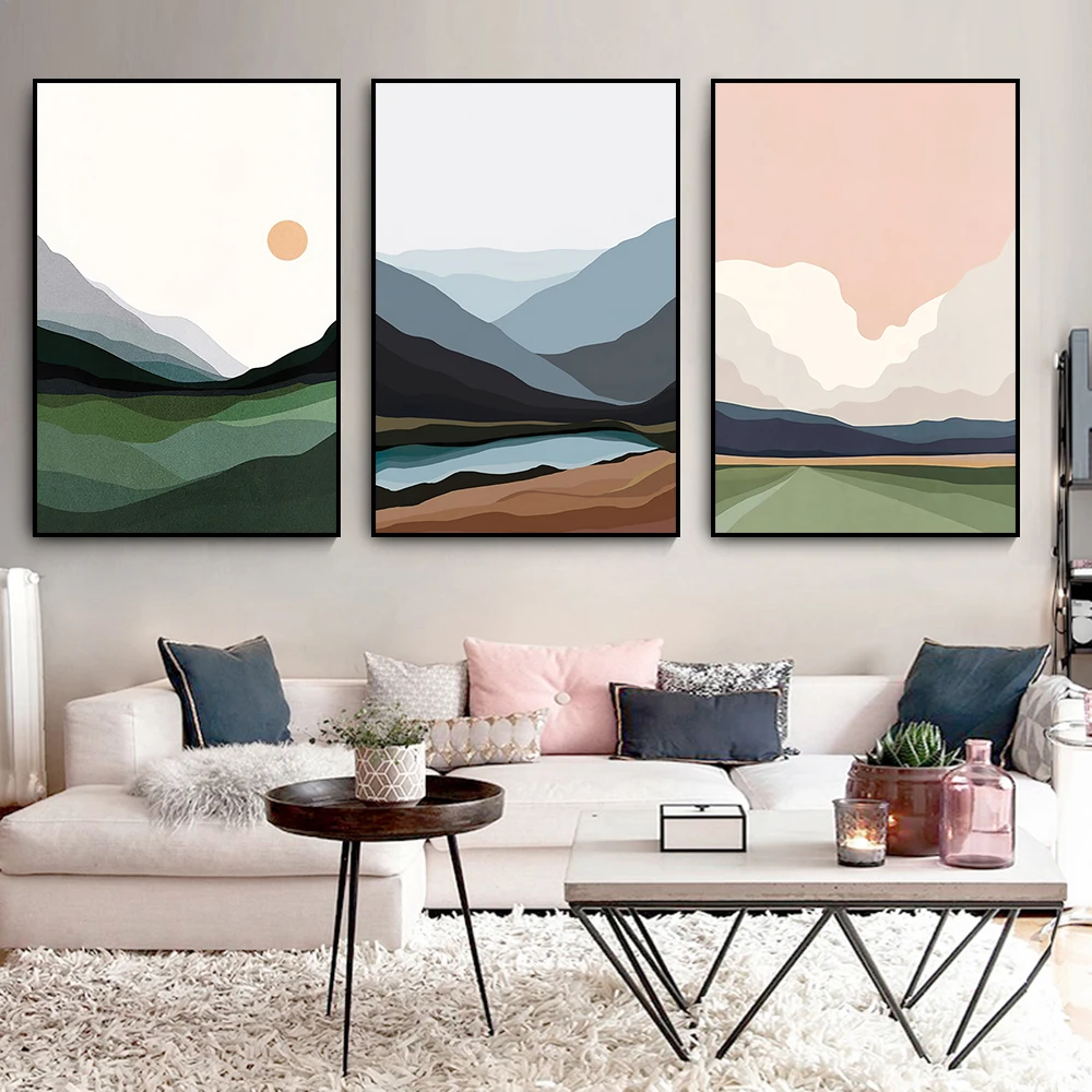 

Abstract Nordic Style Landscape Canvas Painting Sunrise Nature Simple Poster Mountain Minimalist Wall Art Living Room Home Decor