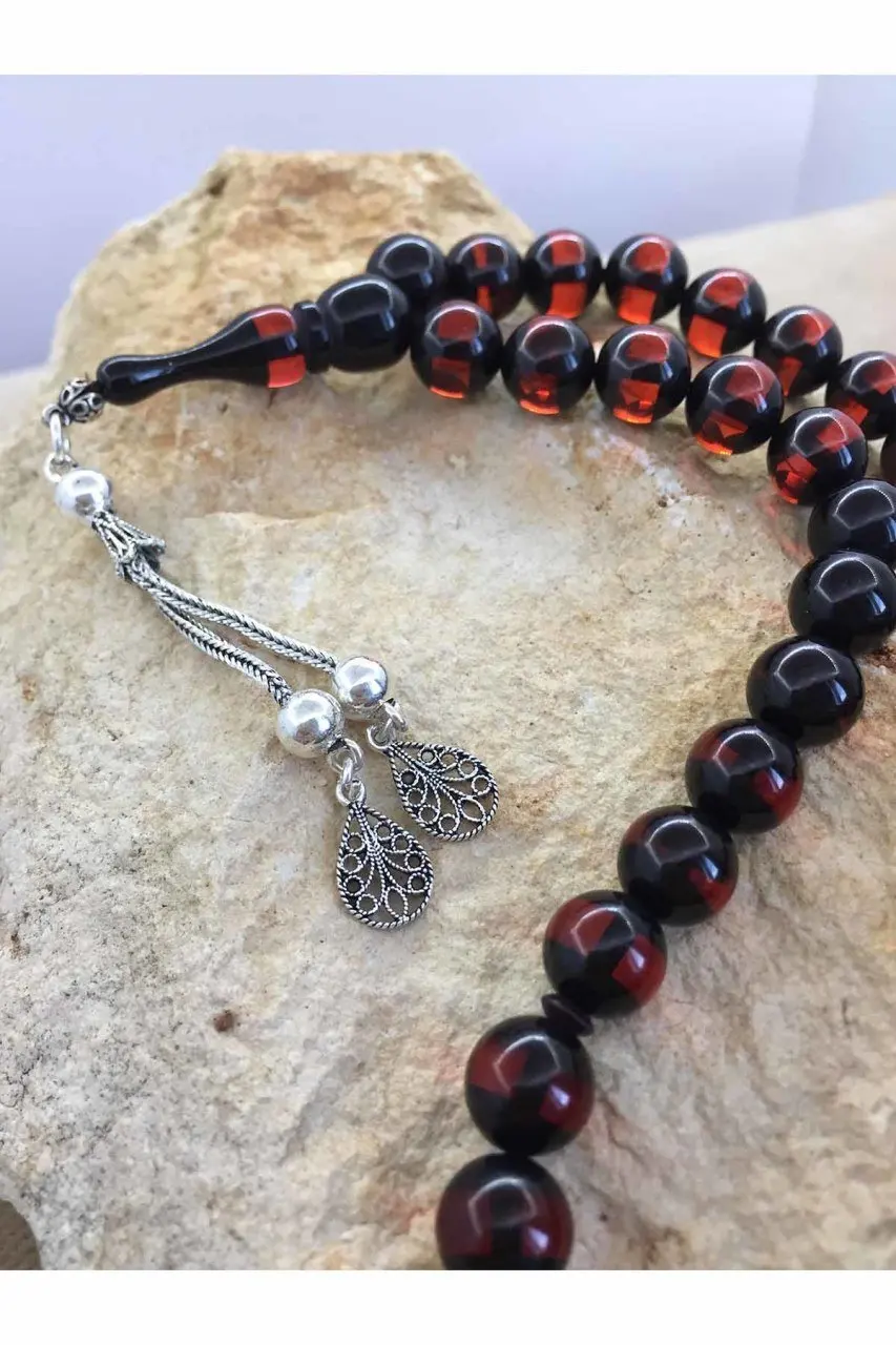 

925 sterling Silver Tassels Moire Amber Prayer Beads Sphere Cut Red Color Misbaha Ottoman Benzetmesi Zikr