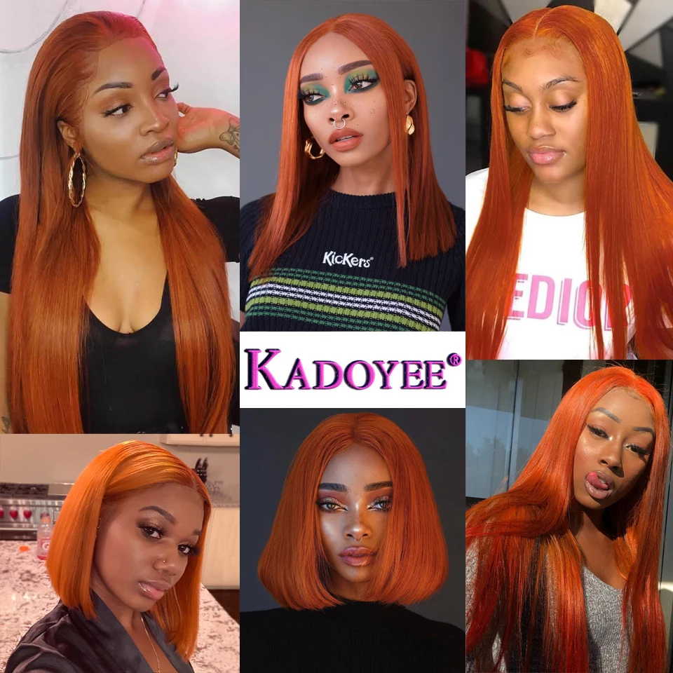 

Short Bob Wig Orange Ginger Colored Human Hair Straight Lace Wigs For Women 13x1 T Part Lace Wig Pre Plucked Brazilian 180% Remy