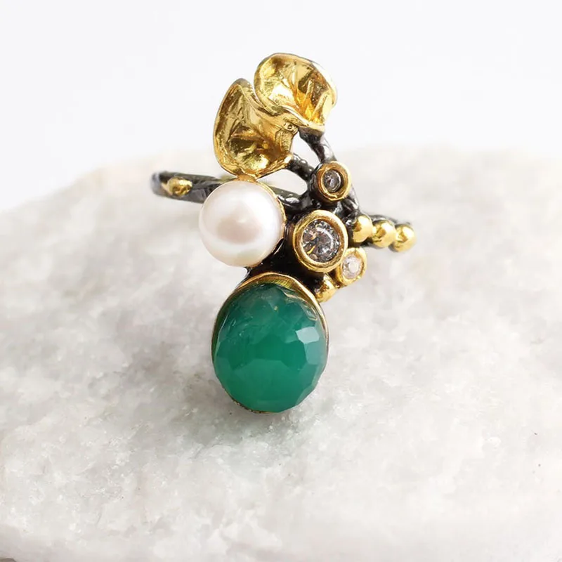 

Green Pearl Zircon Gold Plated Womens Silver Ring, Woman 925 Silver Zircon Handmade Ring, Colorful Oval Zircon Ring for Woman