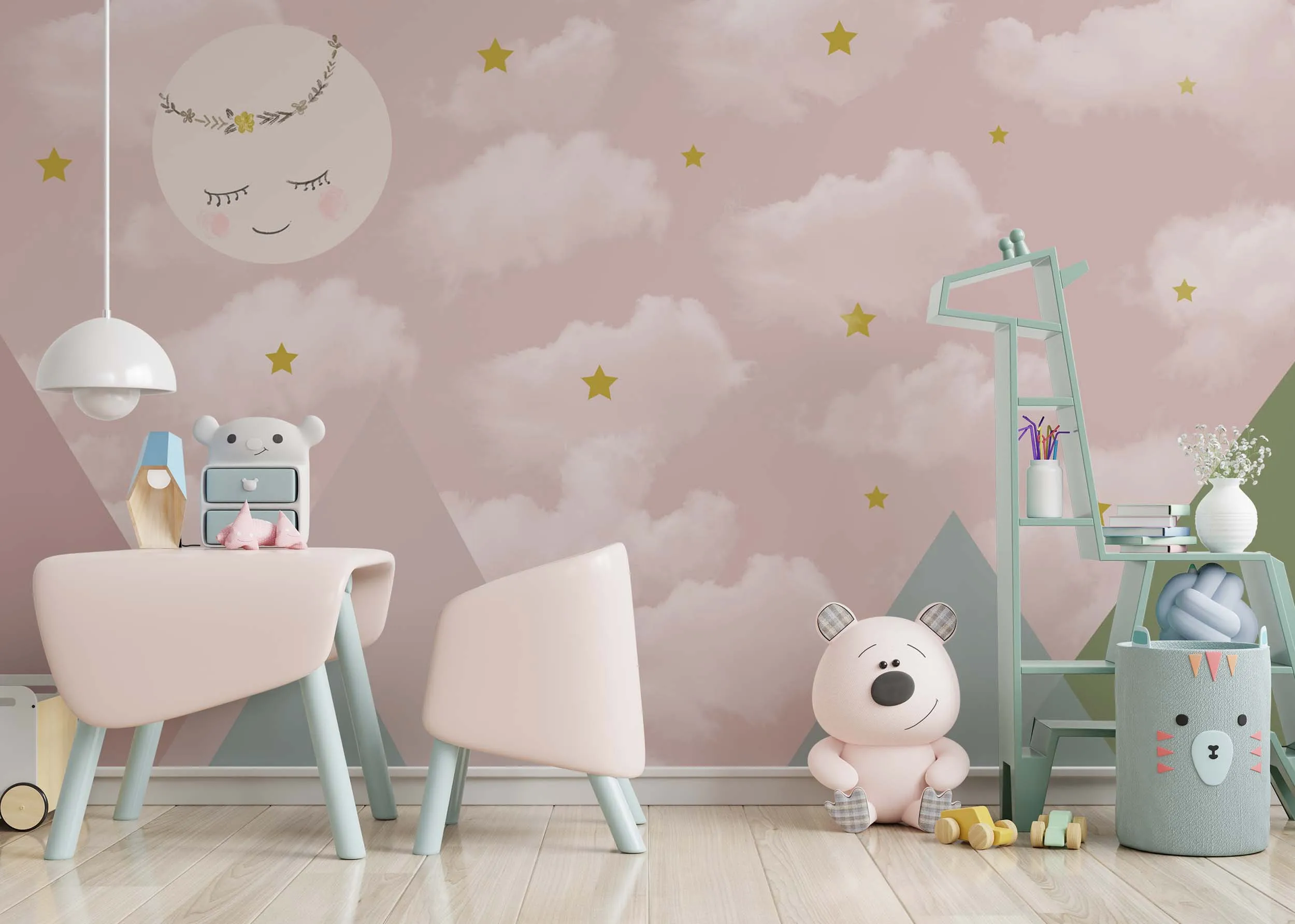 

Pinkish Wallpaper- Pink Clouds and Moons- Peel and Stick- Removable Wallposter- Nursery Room Decor- Custom Size- MUR2289