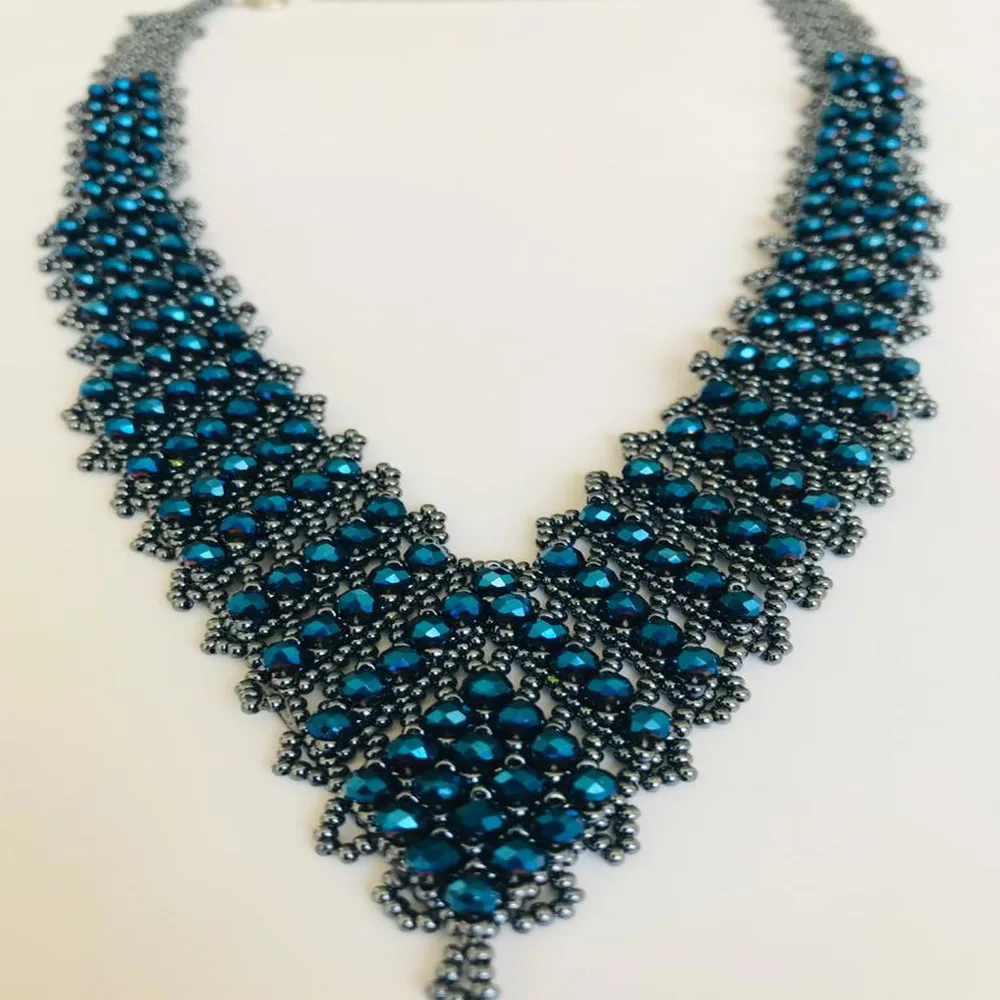 

Crystal Triangle Cut Bead Embroidered Hand Work V Design Evening Dress Accessory Necklace