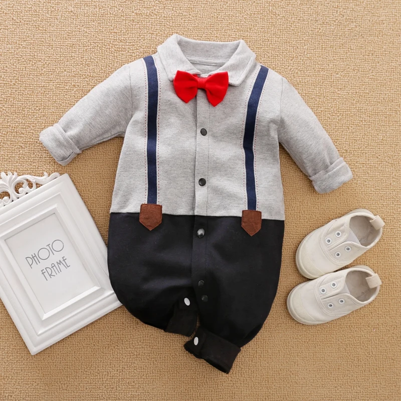 PatPat New Spring and Autumn Cotton Crawling Baby Boy Grace Imitation Long Sleeve Gentleman Bow Tie Jumpsuit Clothes |