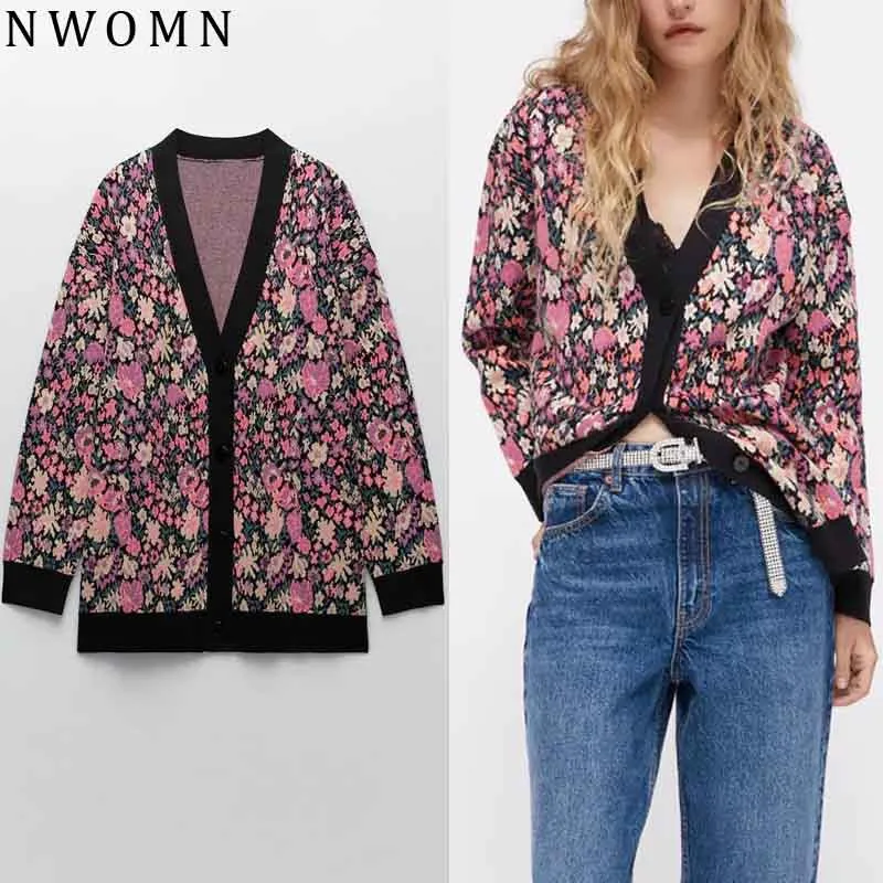 

Za 2021 Autumn Floral Woman Sweater Oversize Cardigan Women Knitted Long Cardigan Jacquard Button Up Cardigans Vintage Sweater