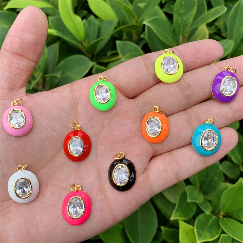 

5pcs Oval Brass14K Gold Filled Pendant Charms With Zirconia Synthesis Enamel 15x20mm For Necklace Making