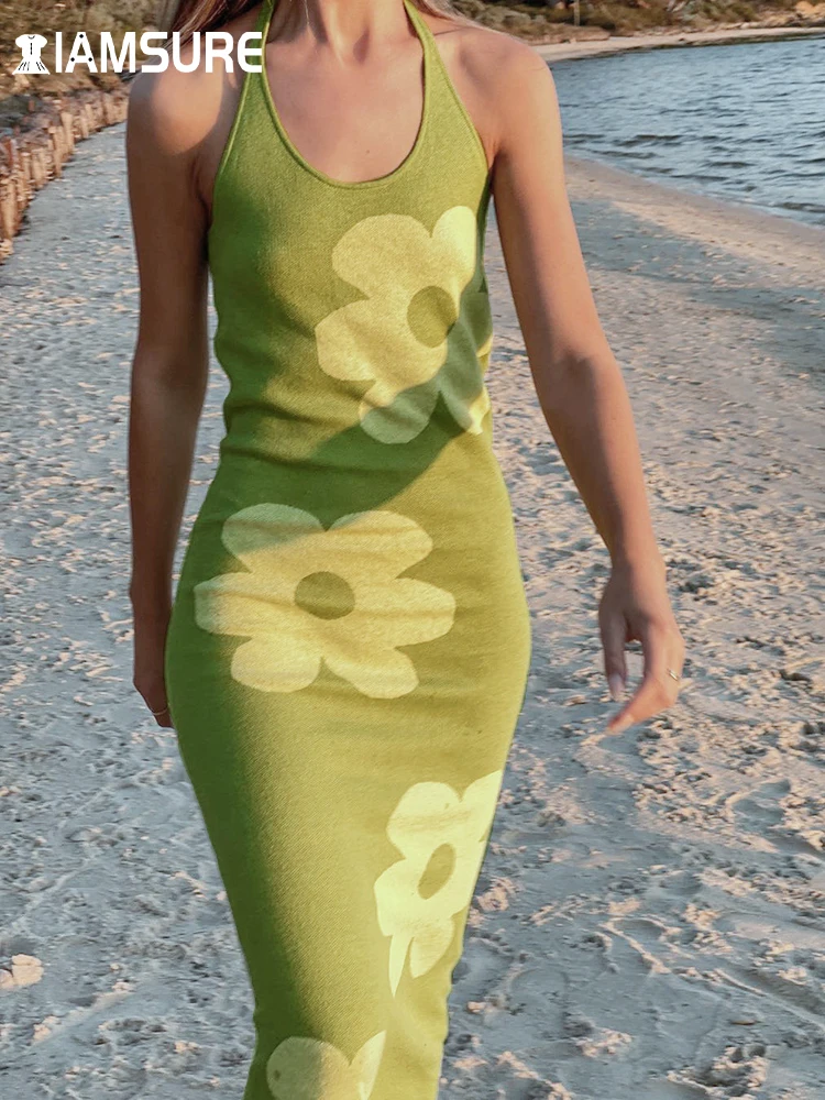 

IAMSURE Holiday Beach Style Floral Knitted Dress Sexy Slim Backless Sleeveless Halter Midi Dresses For Women 2022 Summer Fashion