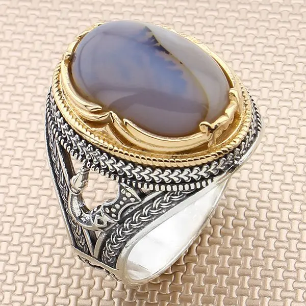 

Vintage Oval Yemen Agate Stone Men Silver Ring With Bronz Color Big Heavy Dagger Motif Solid 925 Sterling Silver