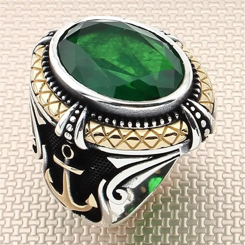 Bague de marin injecteur pour homme, pierre d'aigue-marine naturelle, argent regardé 925 pur, côtés plaqués or, bijoux turcs faits à la main