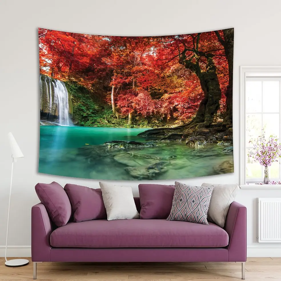 

Tapestry Autumn Forest Waterfall the Erawan National Park, Thailand Old Maple Tree Peaceful Tropical Nature Red Turquoise Green