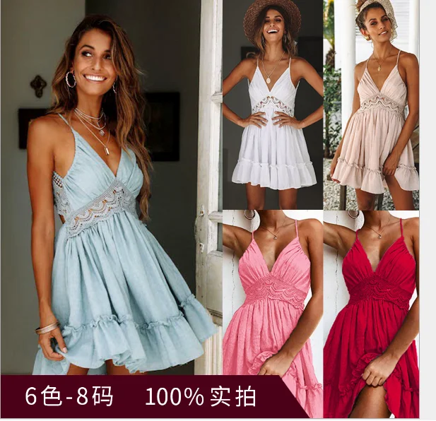 

Free Shipping Lady Cute Sexy Sleeveless V-Neck Lace Backless Halter Suspender Dress Summer Plus Size S-5XL Pleated Dresses Women