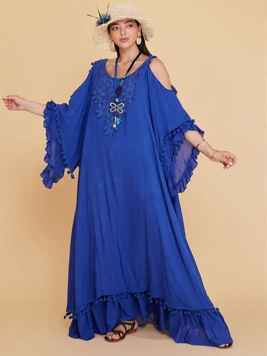 

С открытыми плечами с помпоном синего цвета Цвет длинное наряд 2021 Новые подлинные модные размера плюс платья для женщин 4xl 5xl 6xl 7xl