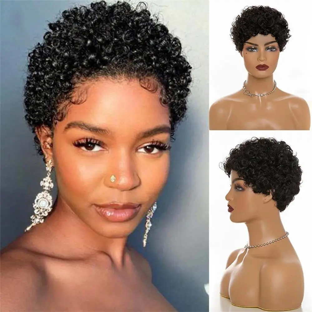 

Afro Curly Short Wigs 100% Human Hair Curly Wig with Bangs Pixie Cut African Fluffy Curly Wigs For Women 1B Blond Red Wine Color