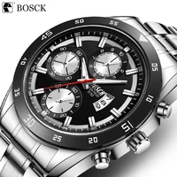 bosck casual 30m waterproof multiple time zone mens luxurious quartz watch tempered glass luminous stainless steel strap watch