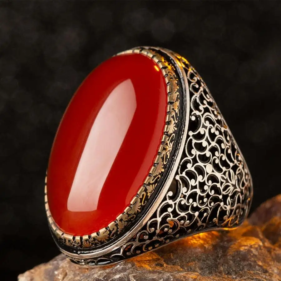 

Oval Red Big Agate Stone Men Ring Vintage Handcarved Men Jewelery Ottoman Motif Ring Quality Fashionable Ring