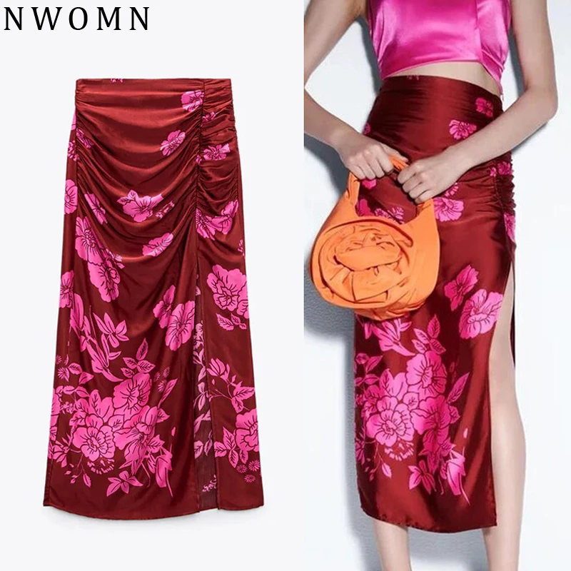 

NWOMN Floral Long Skirt Women Za 2021 High Waist Summer Skirt Woman Ruched Midi Skirts Vintage Print Slit Fashion Elegant Skirts
