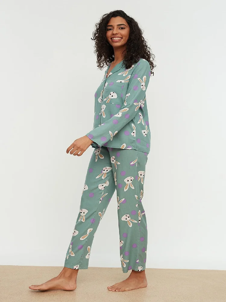 TuBiTeX Green, Long Sleeve, Button, Rabbit Pattern, Woven Pajamas set, Sleepwear Top, pajama Bottoms, Suit