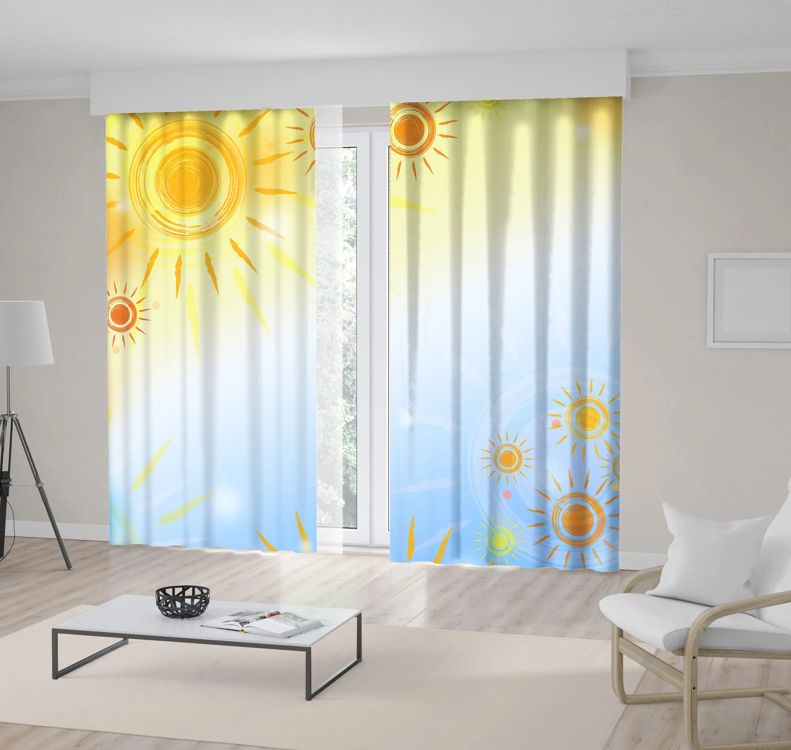 

Curtain Suns over Gradient Background Sunny Summer Days Nature Oil Painting Cartoon Style Artwork Yellow Blue