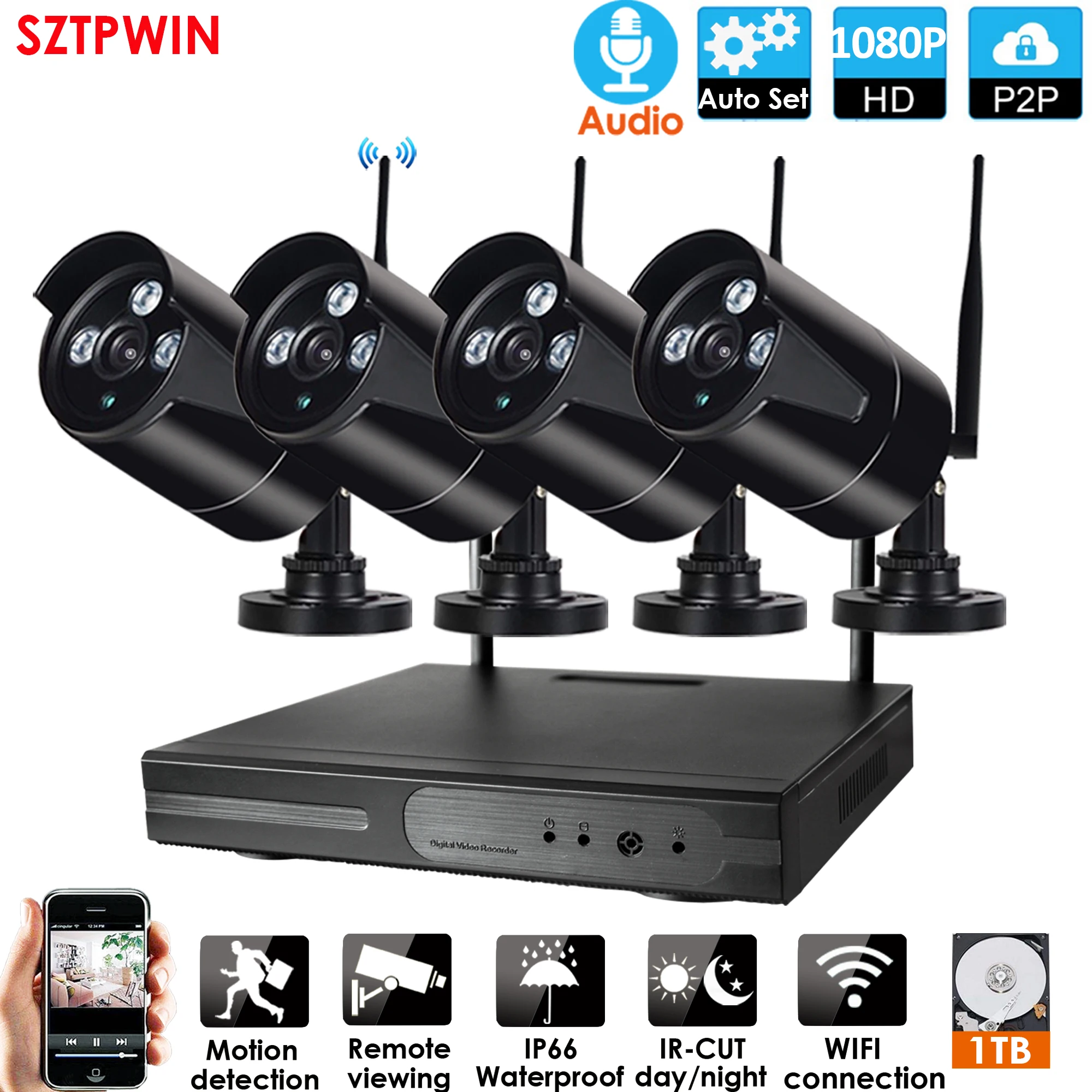 4CH 1080P Аудио HD Беспроводной NVR Kit P2P для дома и улицы Черный ИК Ночное Видение