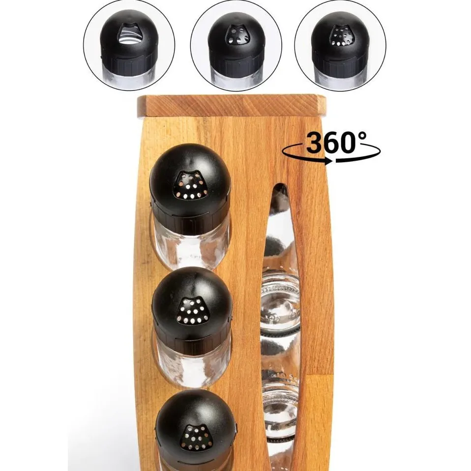 

6 Piece Wooden rotating Stand Seasoning Set Kitchen Decoration Handmade Glass Healthy Storage Practical Gadgets black cover rack