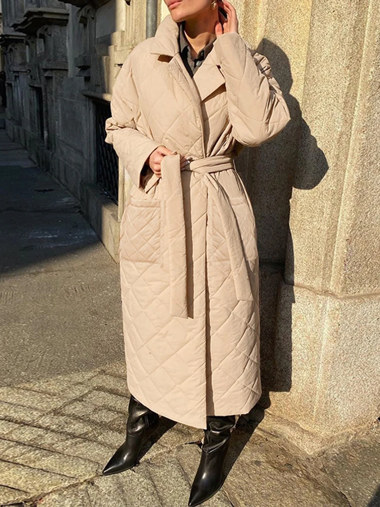 Glamaker Casual rhombus printed women winter parka Long deep pockets straight coat Female tailored collar 2020 winter outerwear
