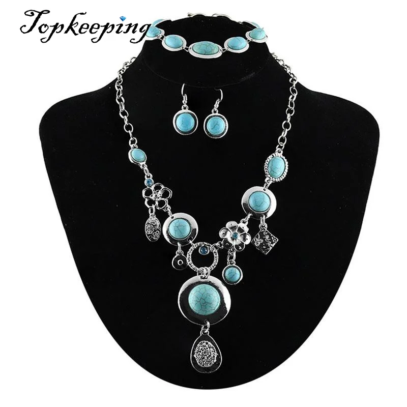 

Turquoises Stone Pendant Jewelry Sets Bracelet & Earring & Necklace Antique
