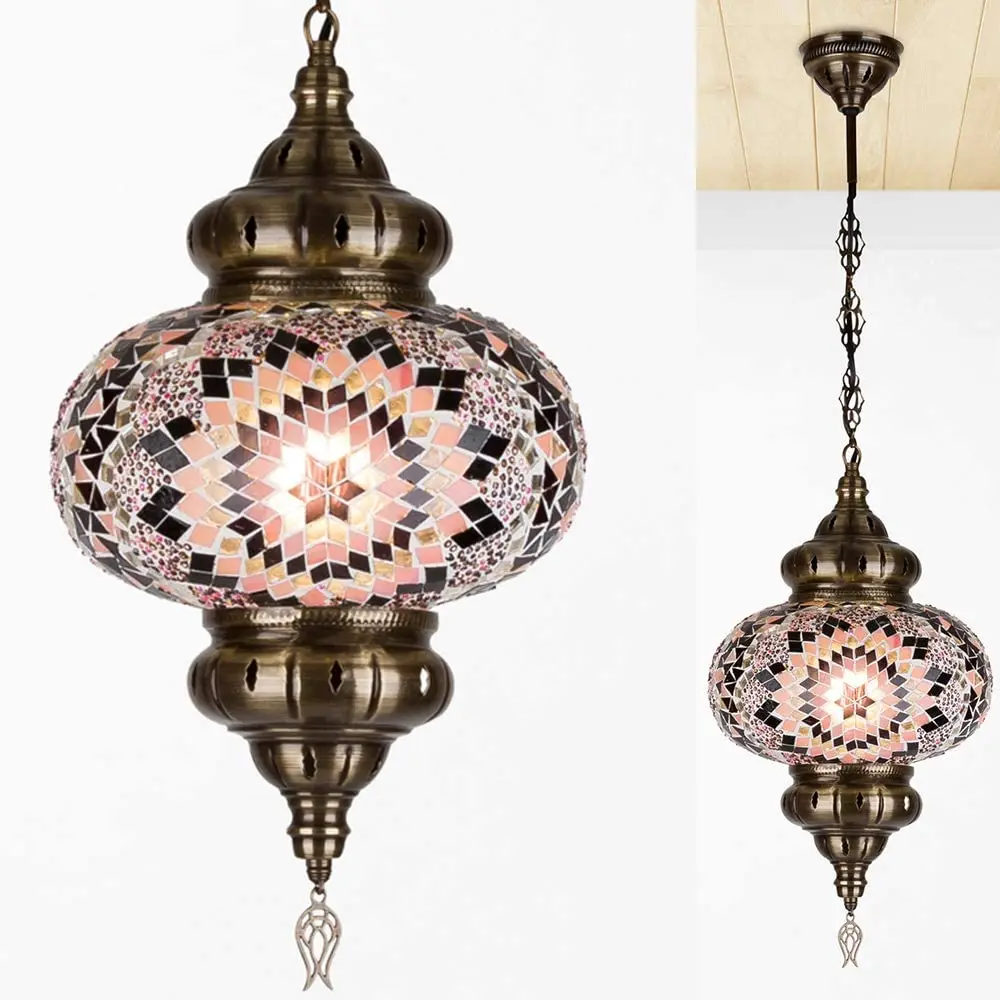 Turkish Moroccan Mosaic Glass Stained Ceiling Hanging Light Lamp Lantern Boho Pendant Chandelier for Bedroom Decor - 10 inch (De