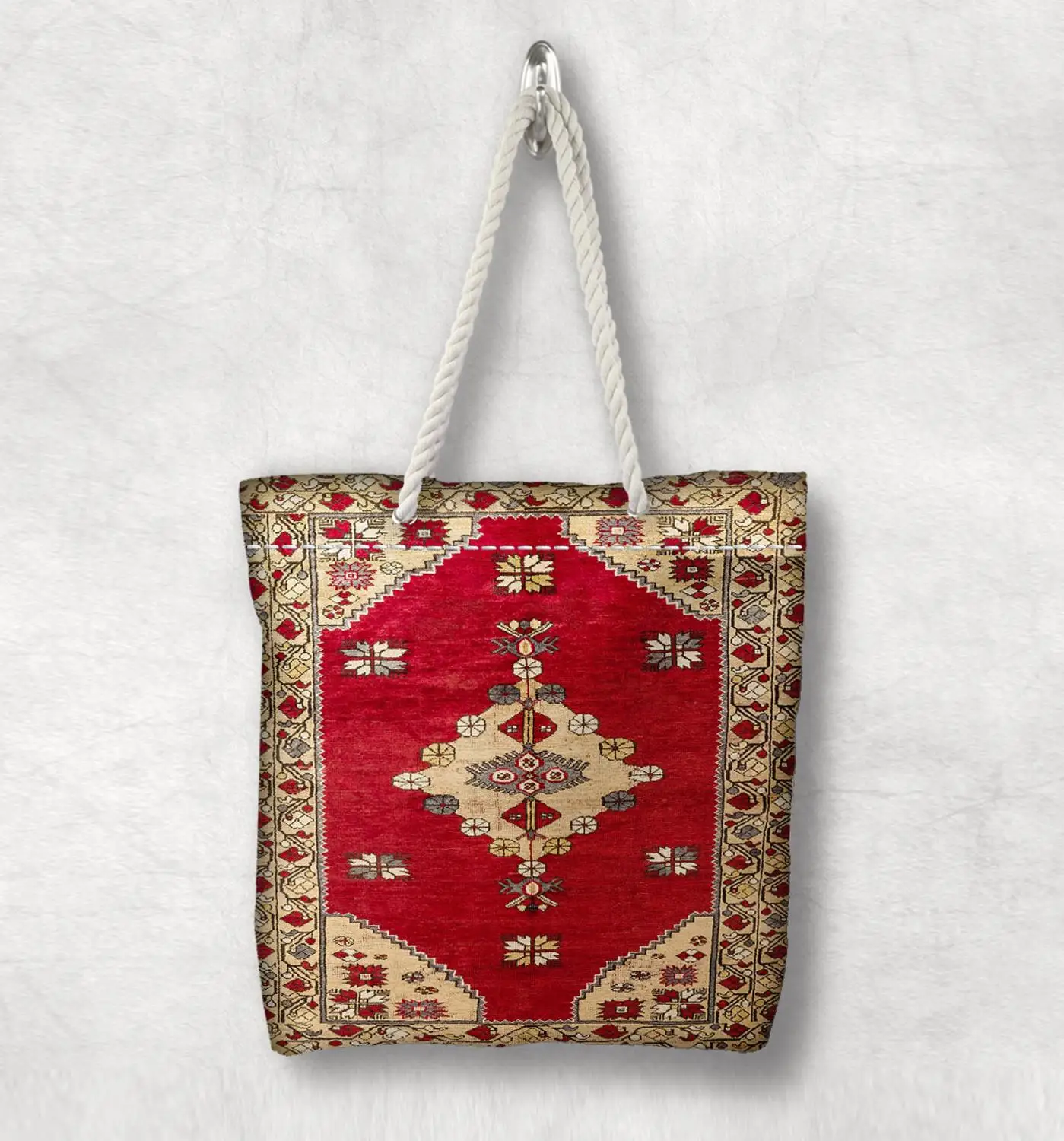 

Else Yellow Red Retro Anatolia Antique Kilim Design White Rope Handle Canvas Bag Cotton Canvas Zippered Tote Bag Shoulder Bag