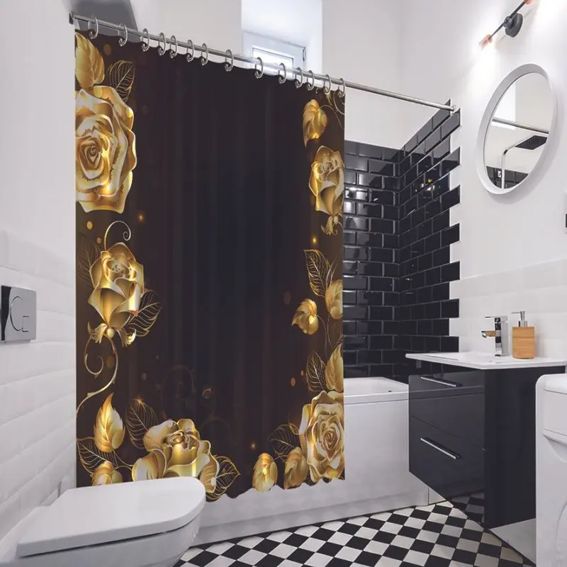 Занавеска для душа золотые розы на темном фоне цветочный букет классический
