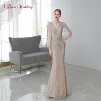 luxury mermaid evening dresses 2021 champagne tulle sleeves v neck heavy beaded dubai arabic style formal party gowns for women