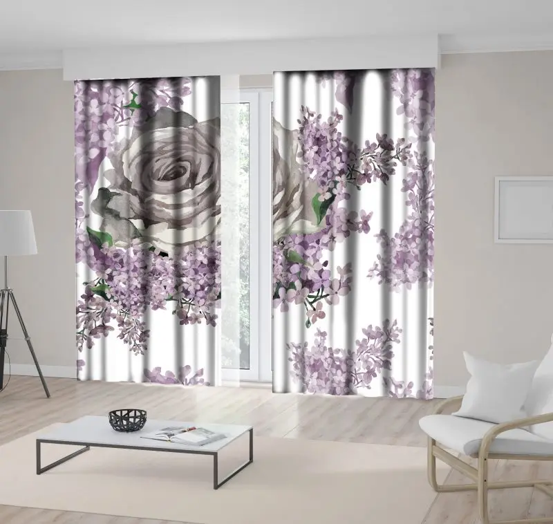 Занавеска Роза и сиреневые цветы акварельные цветочные мягкие цветные рисунки с