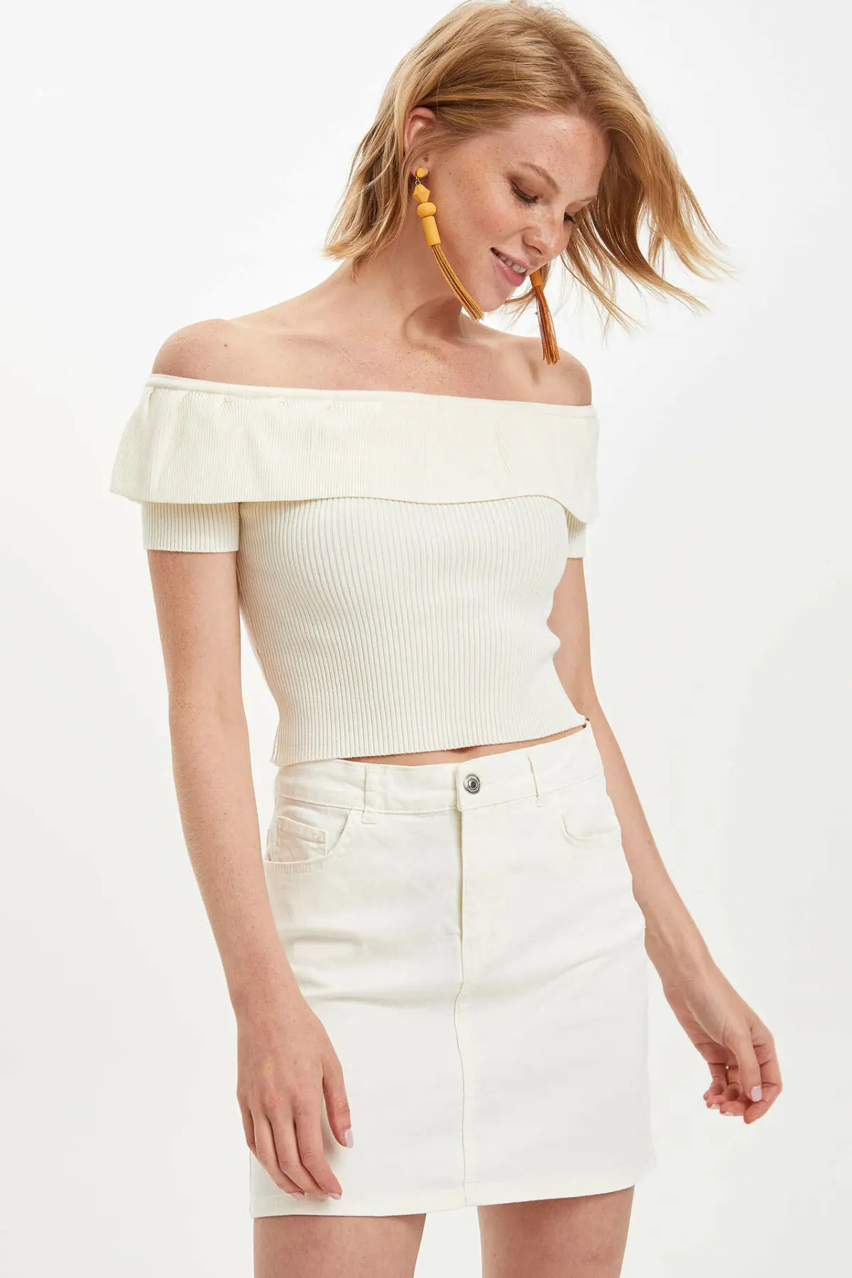 DeFacto Sexy Women Fashion Ruffles Neck Tops Female Casual Slim Short Sleeve Ladies Off-shoulder Shirt Summer - M2774AZ19HS | Женская