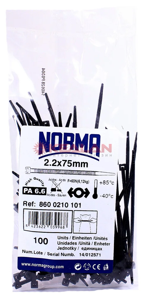 NORMA CT 75x2.2 хомут стяжка полиамид 6.6 морозостойкий черный 100 шт.|Кабельные стяжки| |