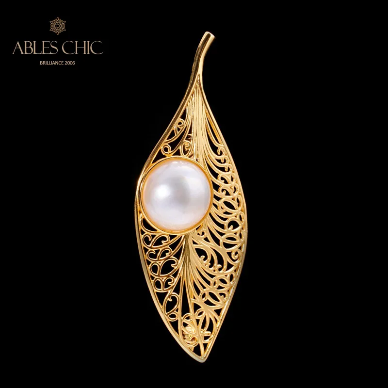 

18K Gold Tone Solitaire Mabe Pearl Filigree Leaf Pendant Solid 925 Silver Seawater Pearls Wedding Necklace C11N3S25844