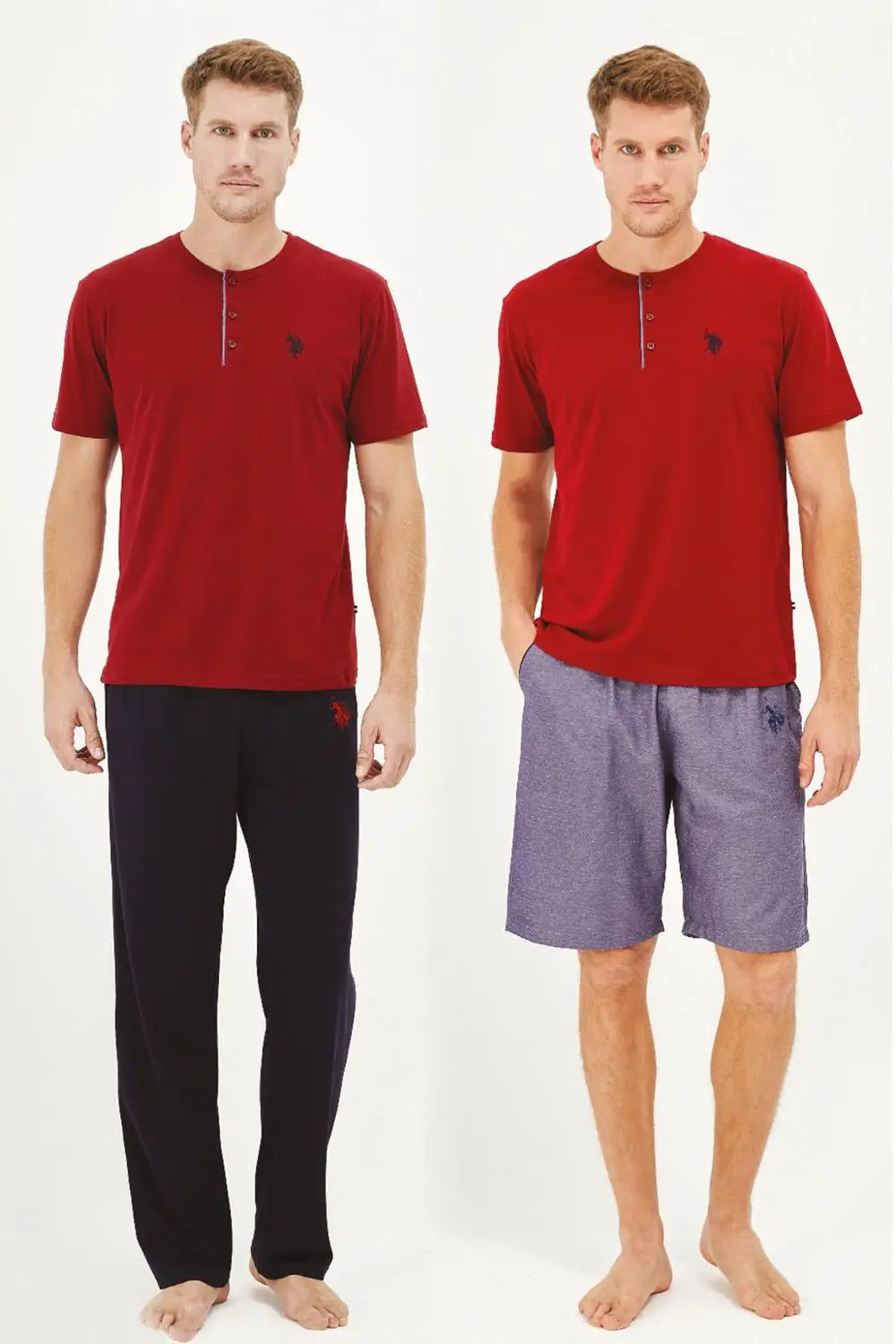 Summer Men's Pajamas Set 3 piece Zero Collar Buttoned Long sleeves and Shorts Side Pockets Cotton Night Sleep Comfortable horse hom