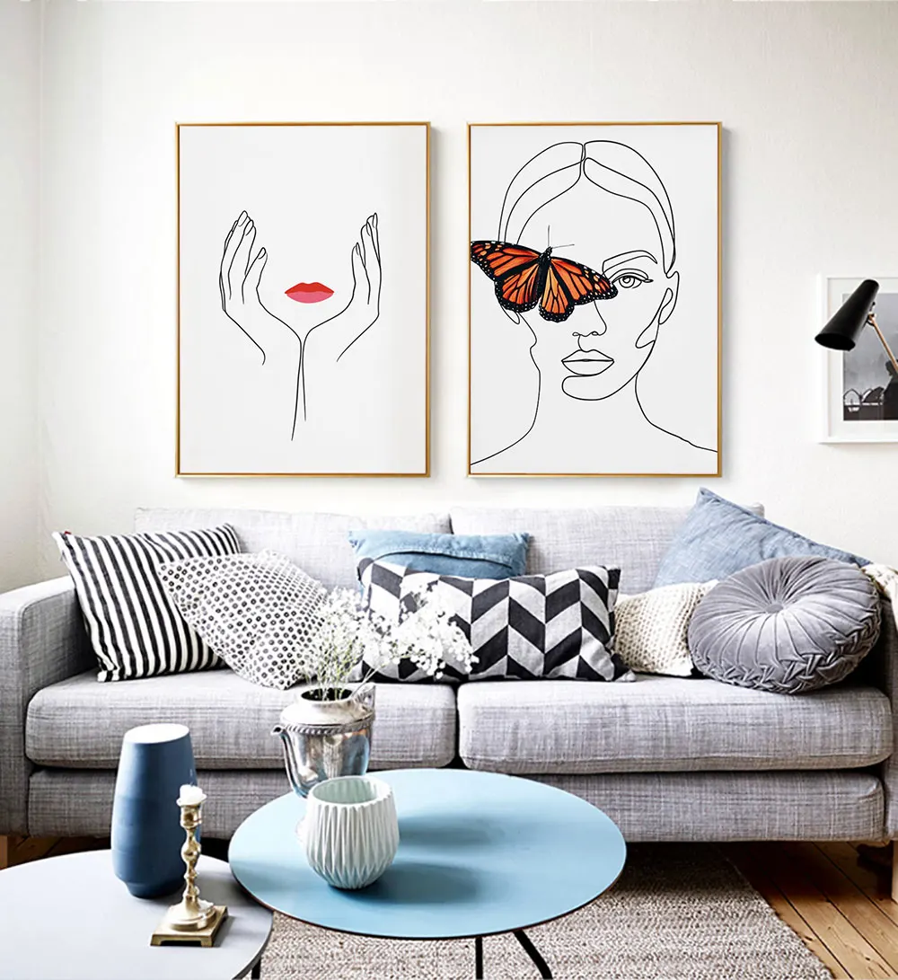 

Nordic Minimalist Figures Line Art Butterfly Woman Face Wall Canvas Paintings Drawing Posters Prints Decoration Room One Piece