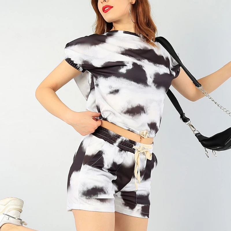 

Rapwriter Casual Tie Dye Summer T Shirt And Shorts Two Piece Set Women Tee Shirt Slim Shorts Track Suit Outfits Femme