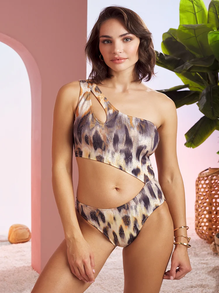 Leopard Patterned Glittering Elastane Fabric One Shoulder Monokini 2022 New Fashion Women Swimsuit Multi Color Unikini Swimwear