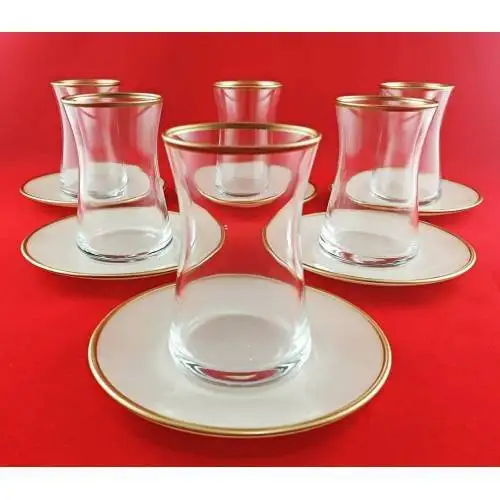 

WONDERFUL AMAZİNG Paşabahçe Heybeli Handmade Gold Cream Plate 12 Pieces Tea Glass Tea Plate Tea Set.