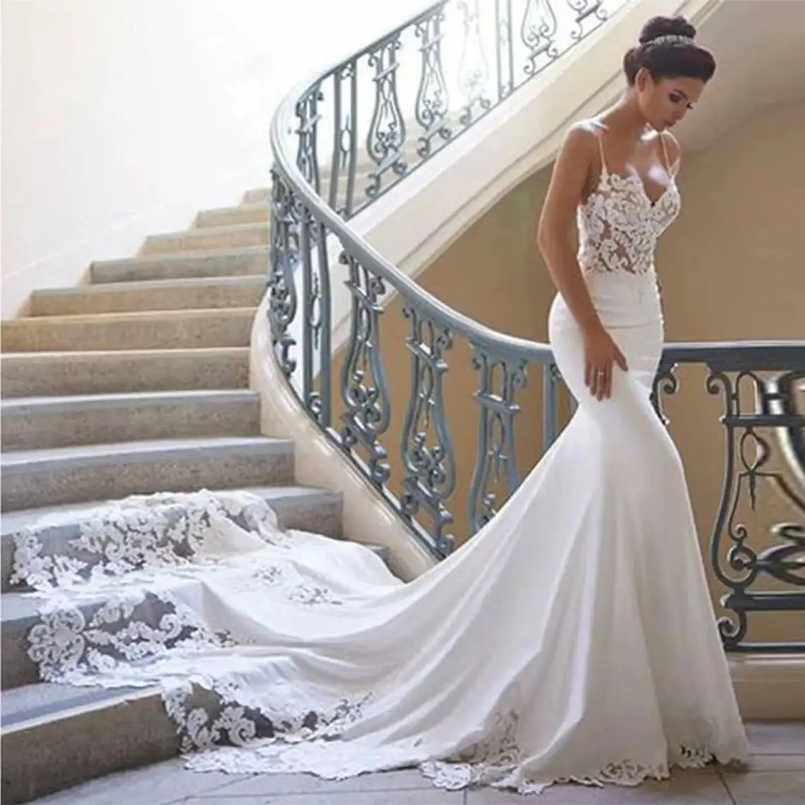 

CloverBridal Mermaid Vintage Sleevelesss Long Wedding Sweetheart Bridal Gown Backless Lace Wedding Gow WW8396