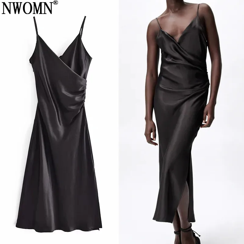 

NWOMN Za 2021 Brown Slip Dress Women Ruched Dress Woman Summer Sundress Sleeveless Dresses V Neck Backless Camisole Party Dress